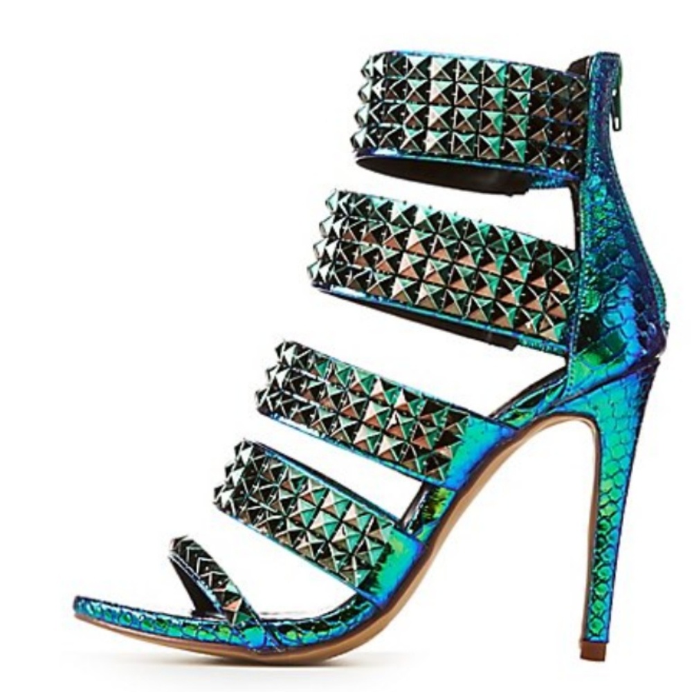 Holographic Faux Croc Studded Caged Sandals